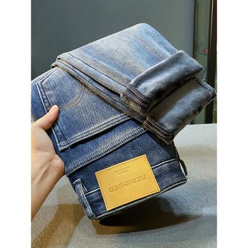 高端柔軟加厚絨保暖牛仔褲男士冬季新款潮牌修身小腳加棉帶絨褲子