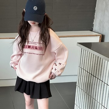 【中大女童/親子裝】休閒寬鬆刷絨字母圓領上衣