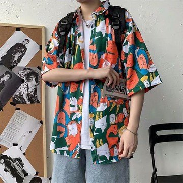 日系 卡通襯衫 男 沙灘襯衫 男生短袖 寬鬆 顯瘦 T恤 五分袖 襯衣外套 日常百搭 碎花襯衫 男生上衣 夏季必備