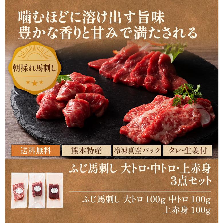 送料無料 馬刺し 大トロ 中トロ 上赤身 3点セット 各100g 計300g （たれ・生姜付）  肉 馬肉 霜降り 高級 贅沢 タレ付 お取り寄せ