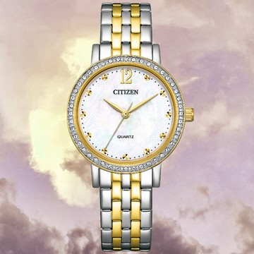 CITIZEN星辰 LADYS系列 光動能 白蝶貝 時尚水晶腕錶 31.2mm / EL3104-54D