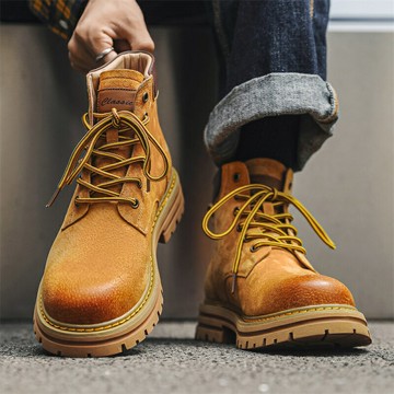 馬丁靴男款2025新款秋季真皮英倫風復古工裝靴高幫皮靴厚底大黃靴