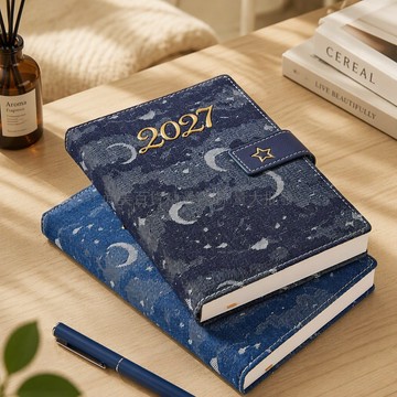 桃園出貨 2027年日計劃 A5 星河灰藍布面筆記本星星扣帶商務辦公記錄本