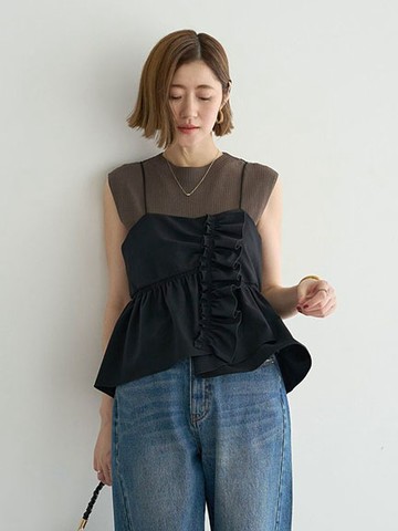 【SET ITEM】無袖針織衫+荷葉邊吊帶背心(07002044500) - YECCA VECCA