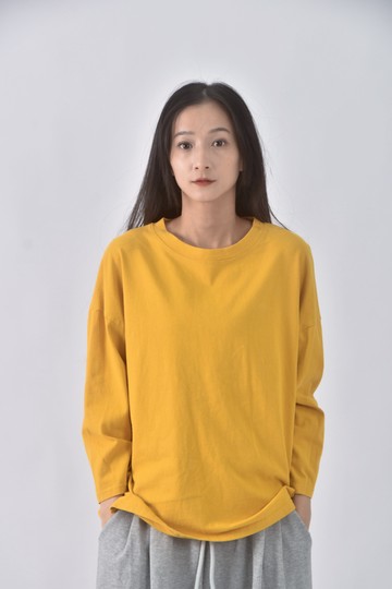 (F) caco質感棉質純棉黃色長袖上衣