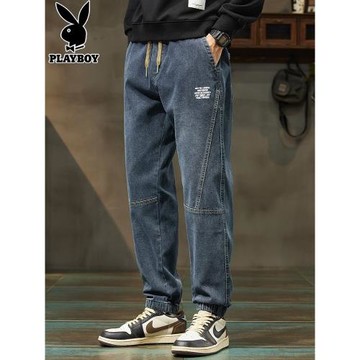 花花公子黑色牛仔褲男士秋季新款漸變束腳褲潮牌休閑彈力長褲子男