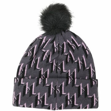 KARL LAGERFELD K/Monogram KL字母反褶毛球針織羊毛帽(紫色)