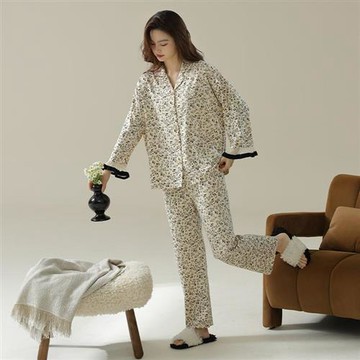 【巴黎精品】睡衣套裝長袖居家服-翻領印花純棉寬鬆女休閒服w1ad32