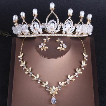 熱賣新款新娘套鏈 珍珠皇冠帶手工鋯石項鏈耳環三件套 婚紗配飾