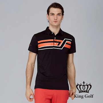 【KING GOLF】網路獨賣款-男款幾何條紋印圖造型POLO衫/高爾夫球衫-黑