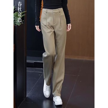 卡其色窄版闊腿褲女秋冬季新款加絨加厚休閑運動衛褲直筒香蕉褲子