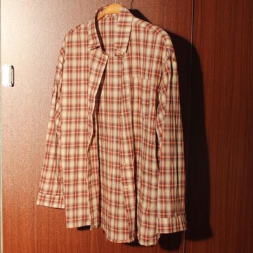 半蘇家自制落肩橙格秋色直筒口袋長袖單排男友風金屬扣寬松襯衫