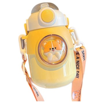 Mass 生活好物 316不銹鋼吸管保溫杯/戶外保溫水壺/太空倉真空保冷瓶 /提把兒童水壺 附背帶  1個  700ml  黃色