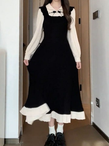 今年流行松本溫柔拼接假兩件氣質連衣裙秋冬收腰洋裝長裙高級感女喪喪【步行者戶外生活館】