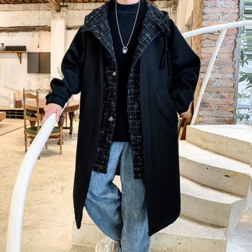 假兩件風衣外套男中長款韓版潮流男士大衣春秋新款寬松連帽上衣潮