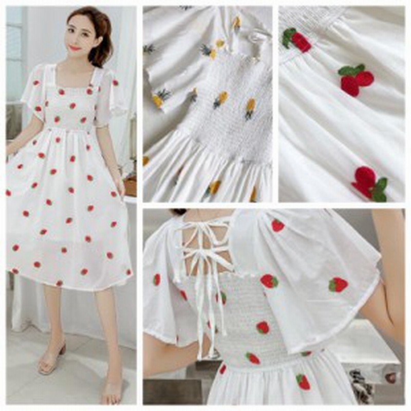 ワンピース レディース フルーツ柄ワンピース ハイウエストワンピース パイナップル チェリー イチゴ サクランボ 膝丈 Aライン 通販 Lineポイント最大1 0 Get Lineショッピング