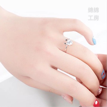 韓版925純銀小鹿戒指女氣質簡約圣誕鋯石麋鹿戒指開口可調節飾品