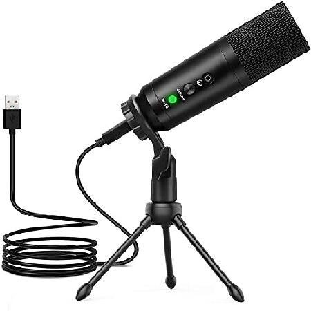 USB Mic with Mute Button for Computer, Plug Play, Metal Condenser Microphone with Tripod Stand Headphone Jack, for Laptop, Desktop, PC, Zoom, Gaming,