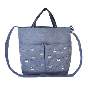 Kusuguru Japan 大容量肩背手提包 側背斜背2用拉鍊外出包-藍色