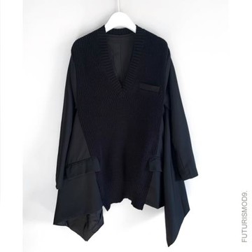 F9原創通勤SACAI暗黑V領毛衣西裝不對稱錯層拼接裙擺外套TOP中性