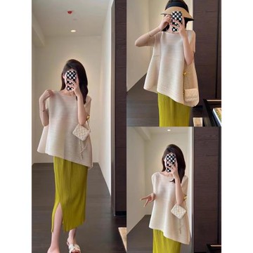 【清倉】三宅新品氣質名媛純色寬舒適斜擺上衣包臀半裙夏季穿搭女