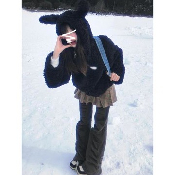 美式兔耳黑色毛絨連帽外套女早秋季可愛純欲寬松加厚棉衣毛毛上衣