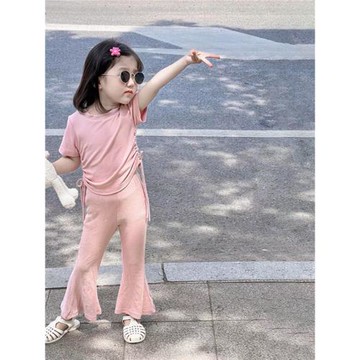 夏季新款寶寶喇叭褲子莫代爾薄款休閑兩件套潮韓版女童短袖套裝