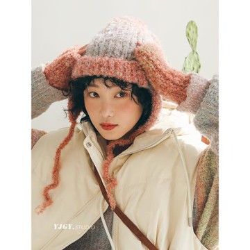 印計谷羽 羊毛保暖冬季帽子韓版百搭顯臉小針織毛線帽時尚護耳帽