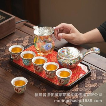 宋瑜鎏銀整套功夫茶具套裝茶壺茶杯琺瑯彩陶瓷功夫旅行伴手禮批發