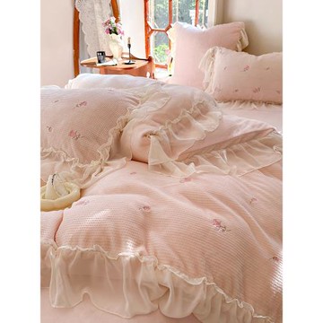 秋冬少女心加厚雙面牛奶絨四件套刺繡雪紡邊被套保暖1.8m床上用品