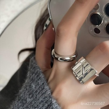 新品特惠-韓國東大門s925純銀戒指女疊戴複古波浪麵時尚個性輕奢潮人指環 QRZW