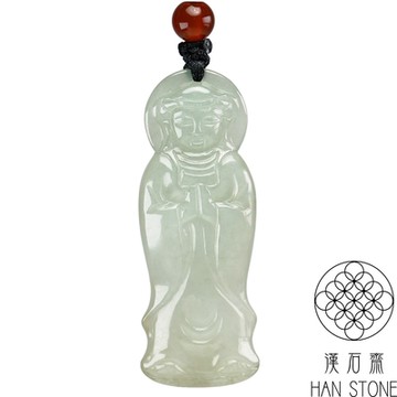 【漢石齋】天然翡翠A貨 小觀音玉佩吊墜 冰糯種帶黃翡(17*46*4.5mm)