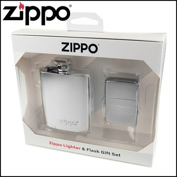 【ZIPPO】美系~光澤蝕刻Logo打火機+酒壺套組