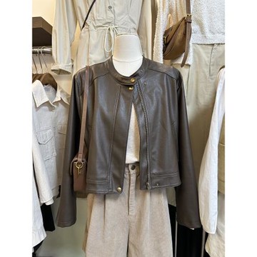 新款韓國東大門春款韓版寬松圓領復古通勤休閑百搭夾克皮衣外套女