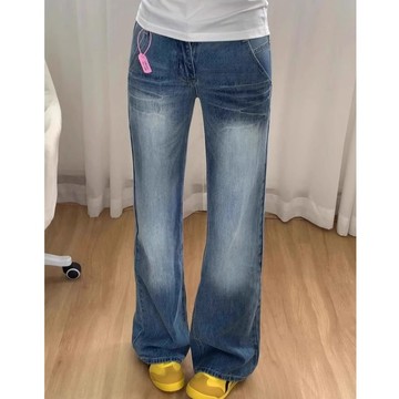 ROOLRREN 大碼牛仔褲 美式復古 微喇叭牛仔褲 梨型身材 顯瘦牛仔褲 高腰牛仔褲 寬鬆闊腿褲 垂墜感寬褲 直筒長褲