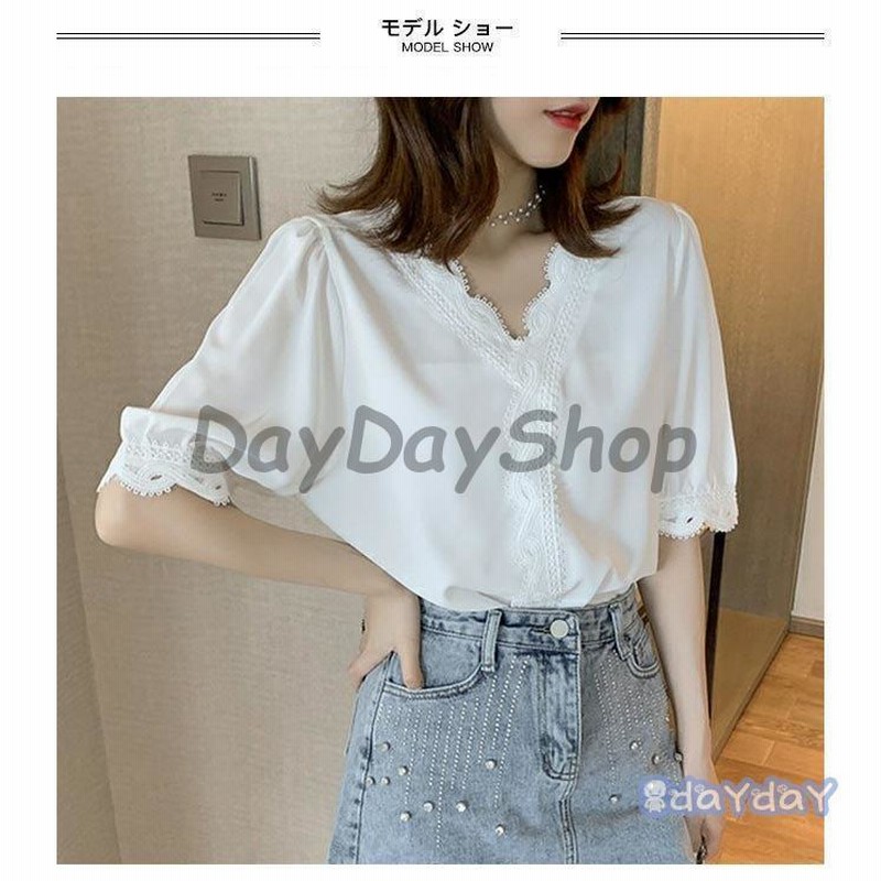 シフォンブラウス 夏 レディース ブラウス 半袖 Vネック サマーブラウス ゆったり レース 半袖ブラウス シフォン シャツ 白 半袖シャツ 卒業式 シフォンブラウス 夏 レディース ブラウス 半袖 Vネック サマー