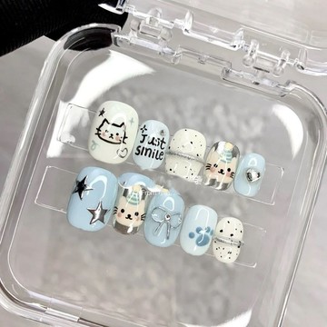 ✨台灣出貨✨顯白湛藍美甲穿戴純手工涂鴉短款手繪可愛小貓可拆卸ins學生甲片