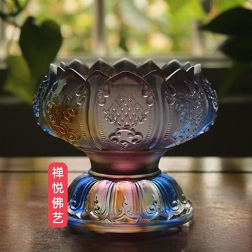 禪悅佛藝古法琉璃蓮花八吉祥供碗貢杯供具家用桌面供奉擺件彩色