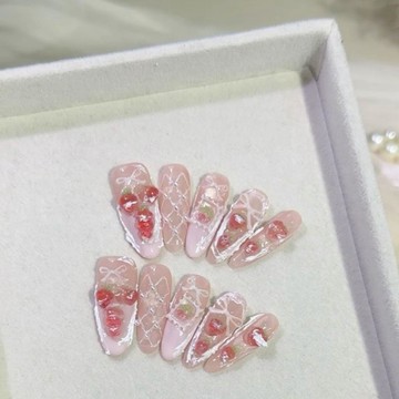 💗Yuki Nail💗2026手工草莓糖粉色美甲爆閃甜美溫柔高階可拆卸顯白手工穿戴甲