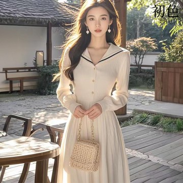 初色 冷淡系拼色荷葉邊單排釦海軍領長袖針織中長裙連衣裙連身洋裝-白色-39248(F可選)