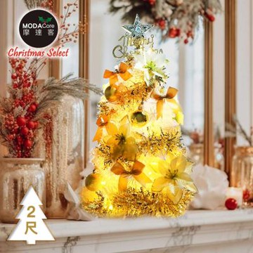 摩達客-台灣製2尺(60cm)精緻白色聖誕樹+富貴雙金聖誕花系飾品組+50燈LED燈串暖白光-USB電池盒兩用充電/本島免運費MIT歐美外銷款