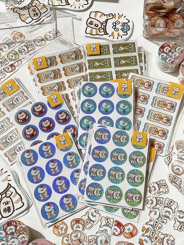 3小喵咪/文具招財貓達摩封口貼/手帳貼紙/雷射貼/可書寫/4款圖案