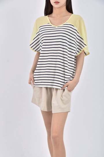 (S) brappers雪紡透膚條紋黃色短袖上衣