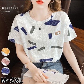 【QV5078】魔衣子-花朵方塊印花寬鬆圓領短T