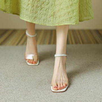 嬌文希透明一字帶涼鞋女夏2025新款中跟粗跟水晶鞋真皮網紅高跟鞋