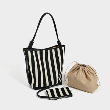 黑白條紋高級感水桶包大容量彈力織布子母包新款通勤手提單肩包女