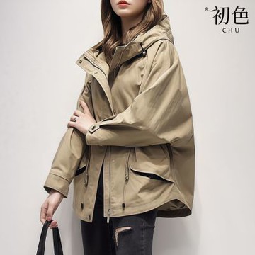初色 韓版率性短款寬鬆純色連帽長袖工裝風衣外套女外套-共2色-16376(M-2XL可選)