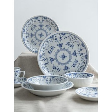 日本進口美濃燒青花唐草陶瓷餐具平盤菜盤湯盤家用圓形碟子甜品盤