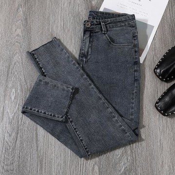 薄款高腰牛仔褲女2025新款秋裝韓版小腳毛邊彈力顯瘦緊身九分熱褲