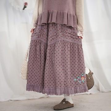 燈芯絨刺繡花邊長裙848733